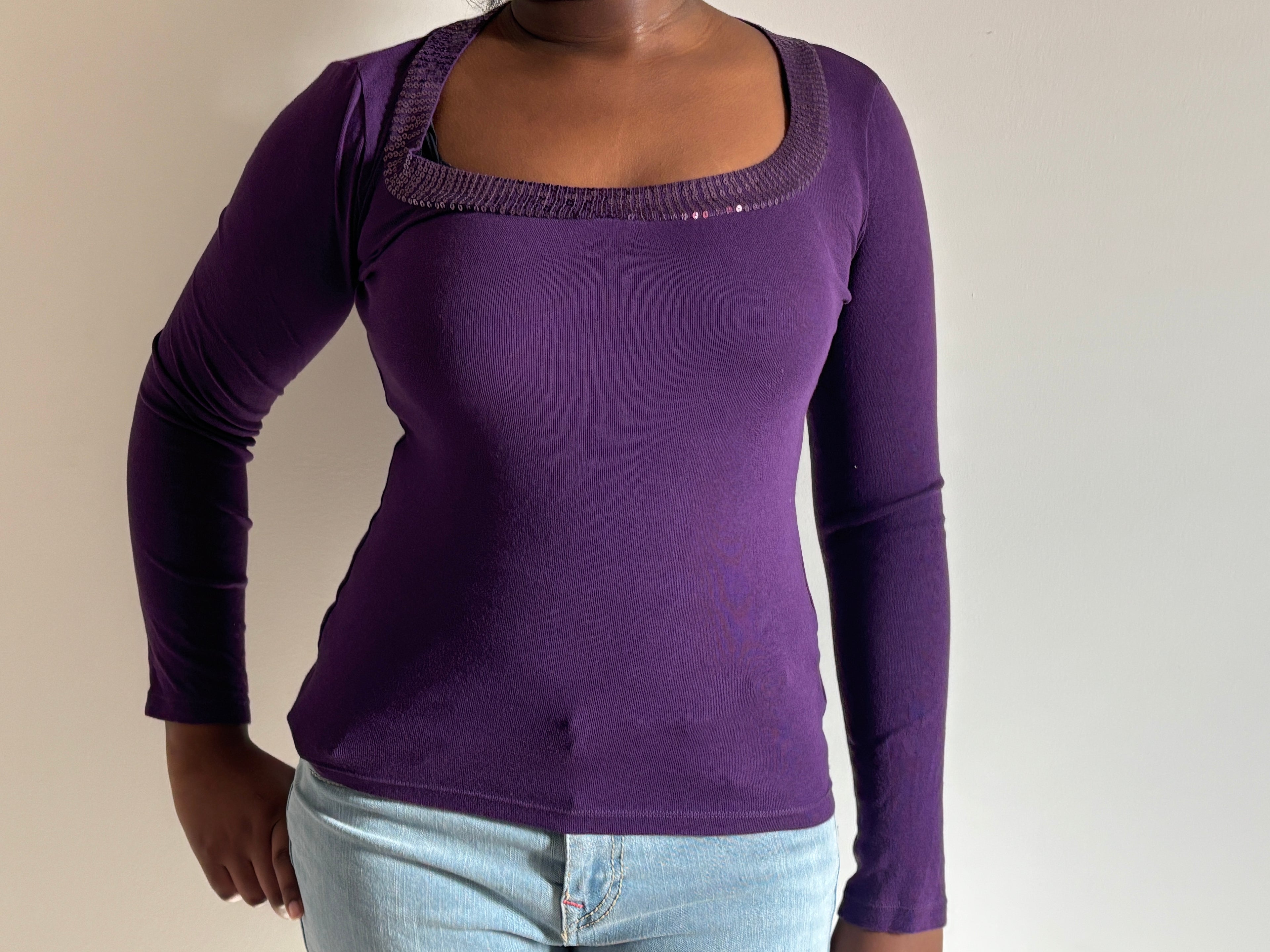 Purple Square Neck Long Sleeve Top