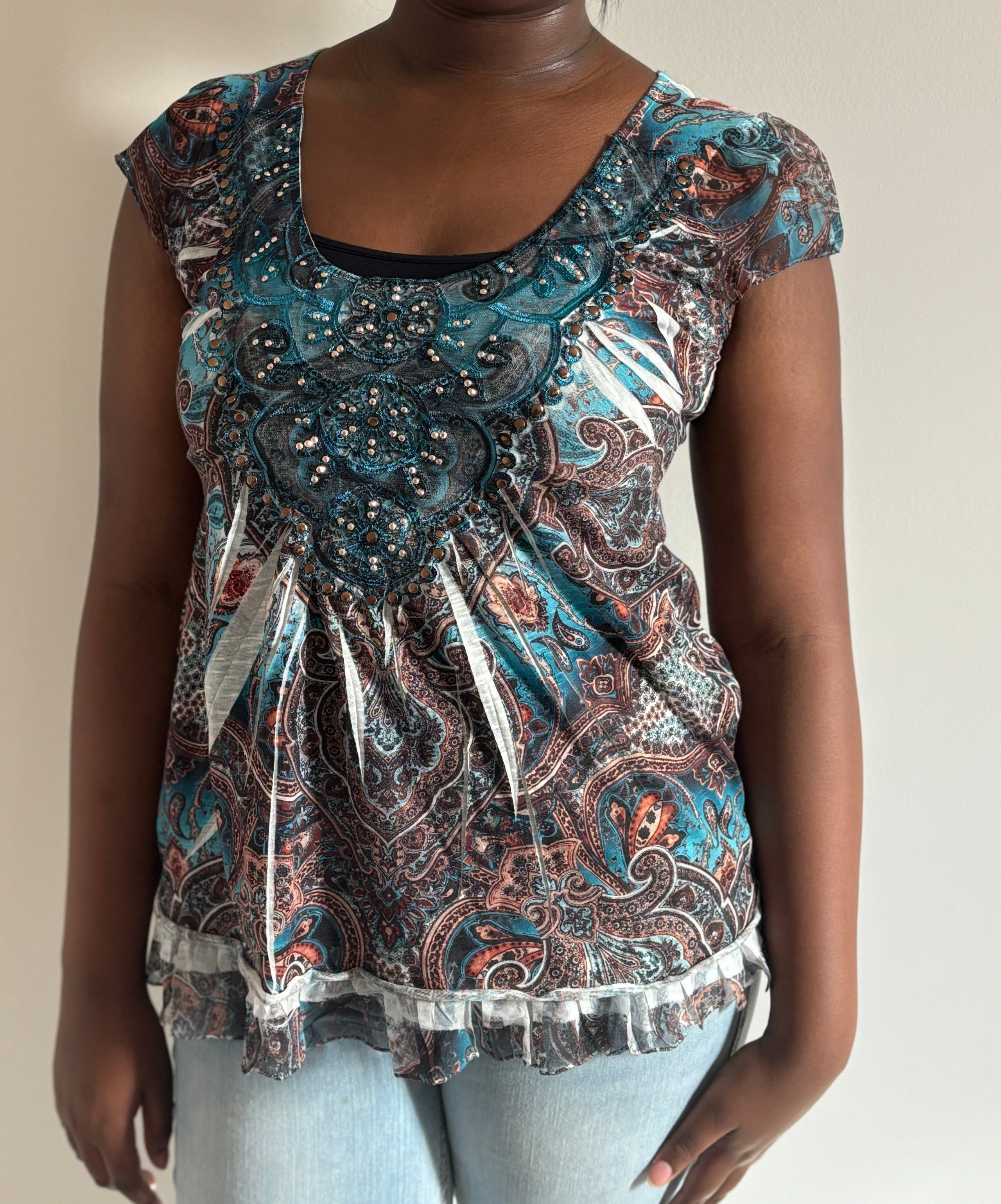 ⭐  Teal & Brown Boho Print Top