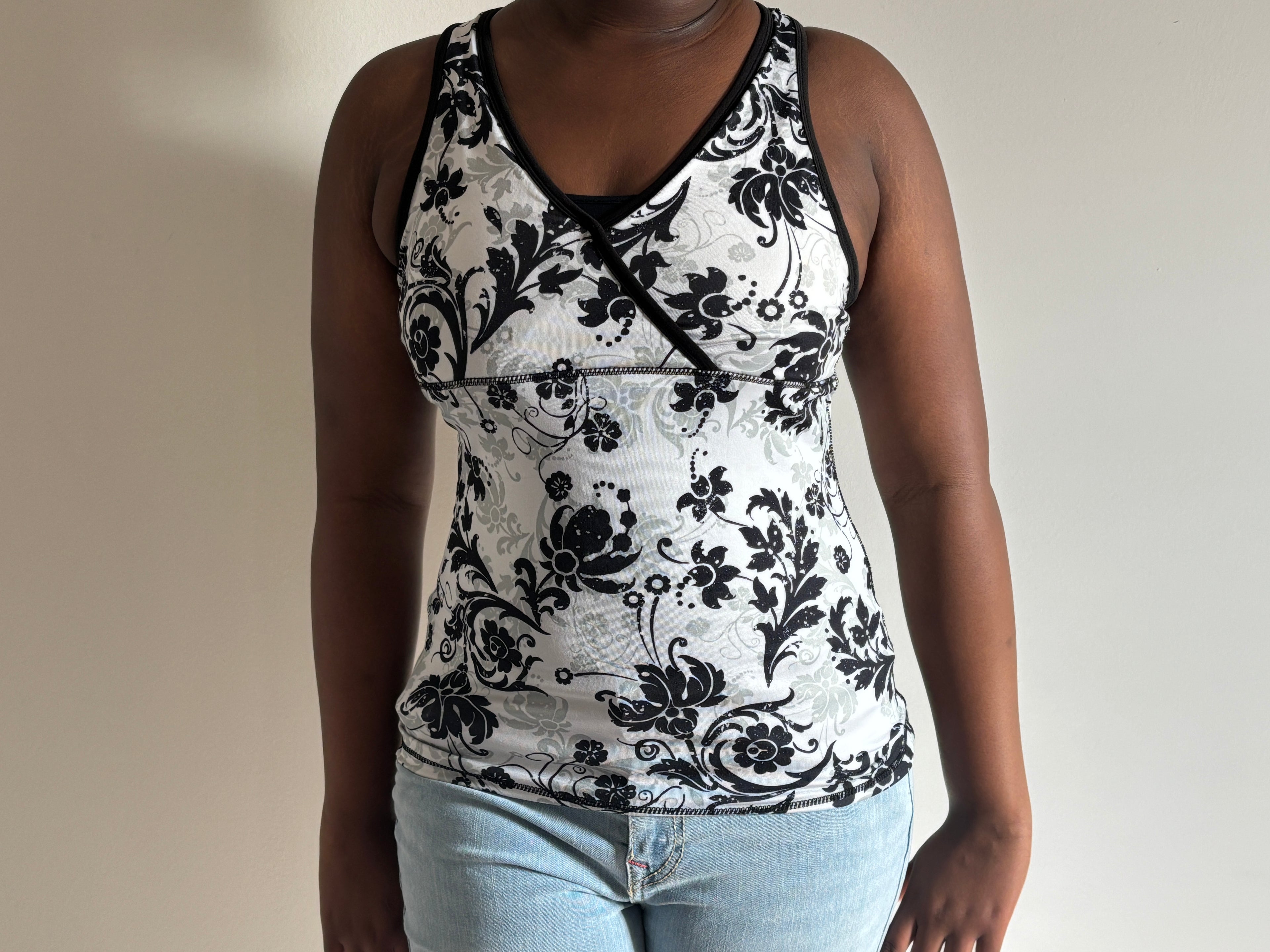 Black & White Floral V-Neck Tank