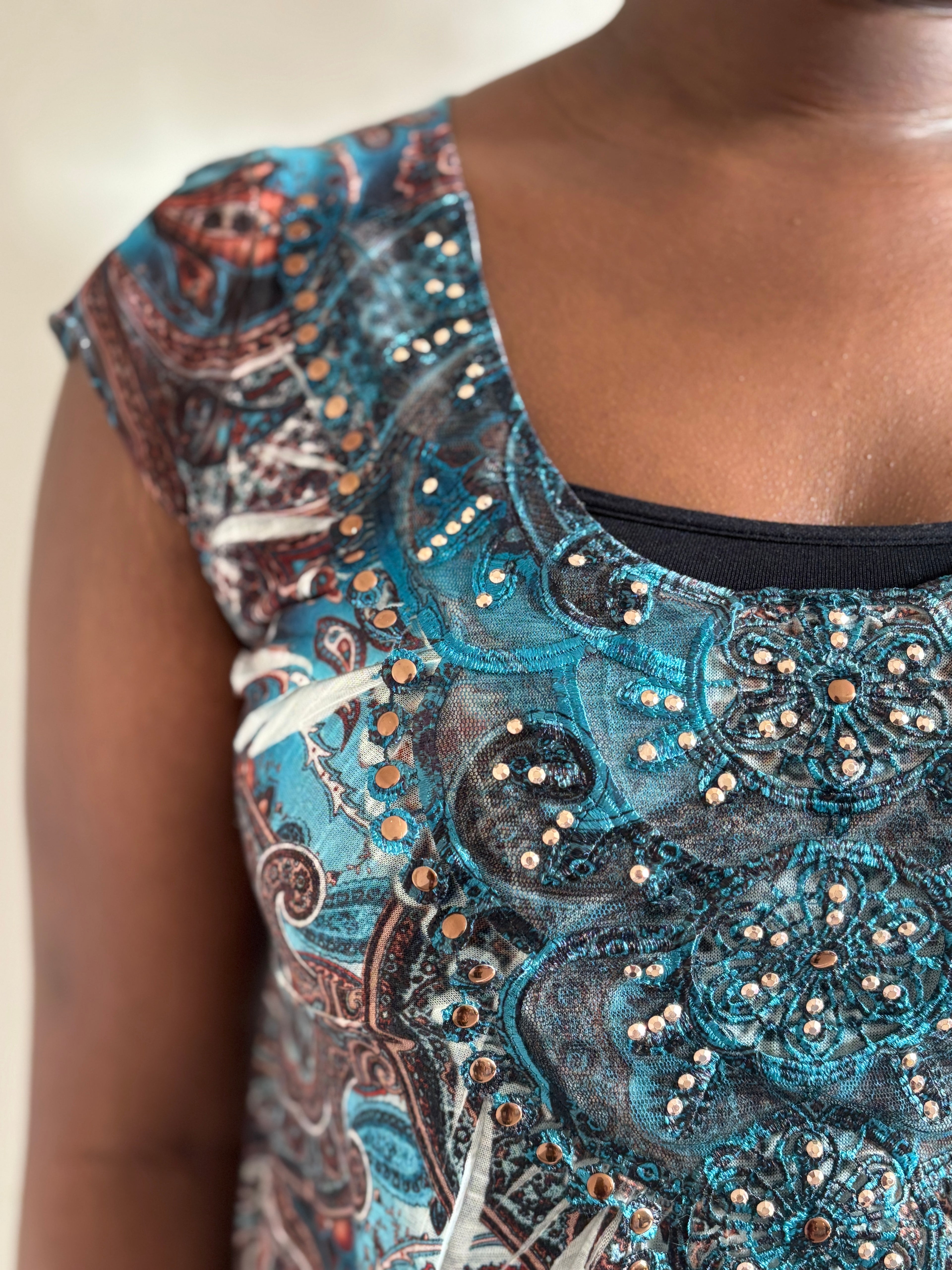 ⭐  Teal & Brown Boho Print Top