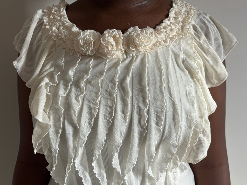 🤍 White Textured Ruffle Sleeve Top