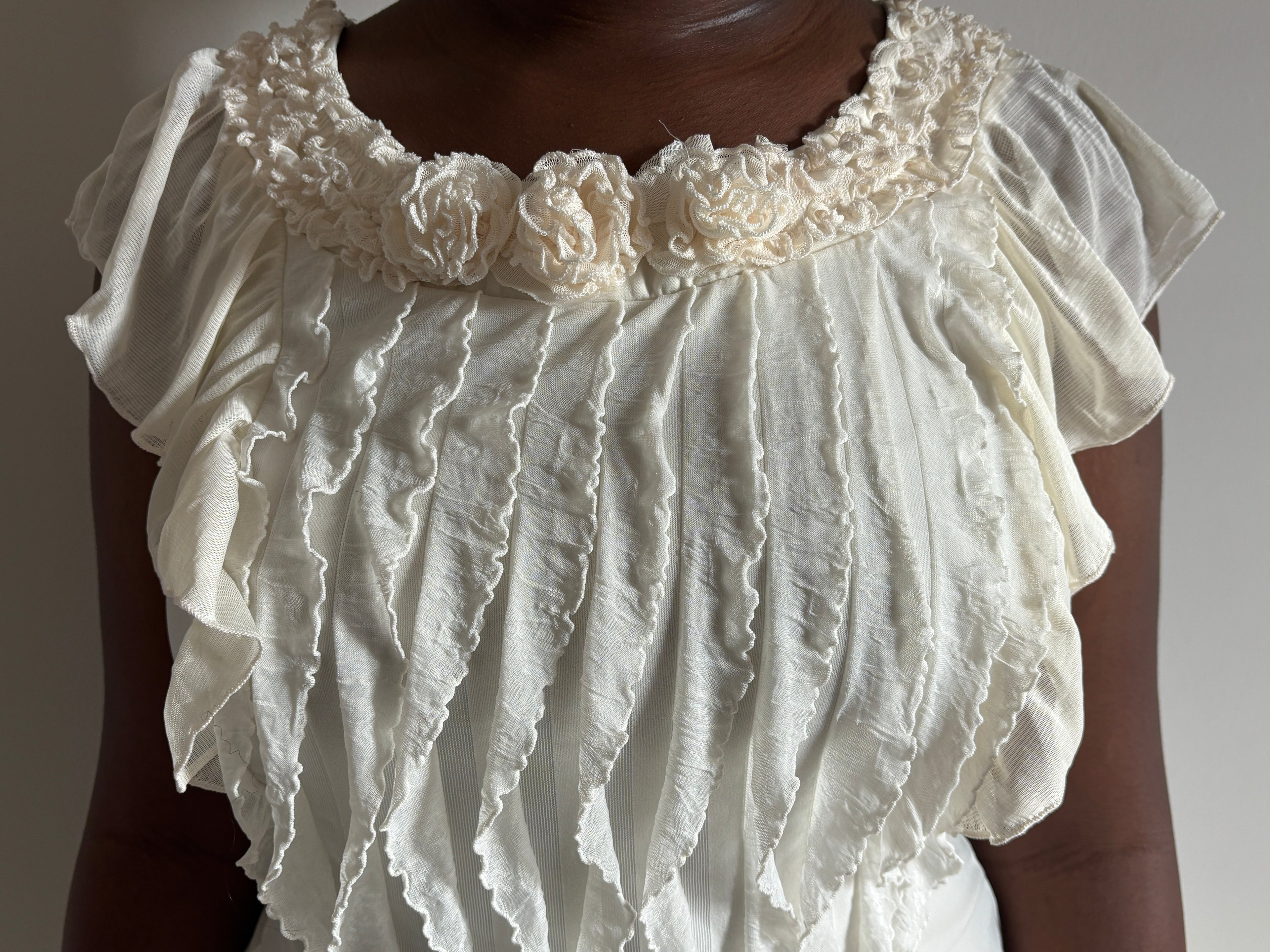 🤍 White Textured Ruffle Sleeve Top