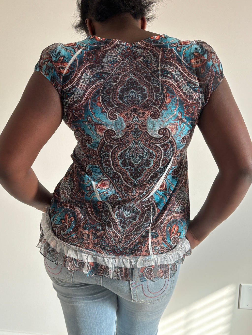 ⭐  Teal & Brown Boho Print Top