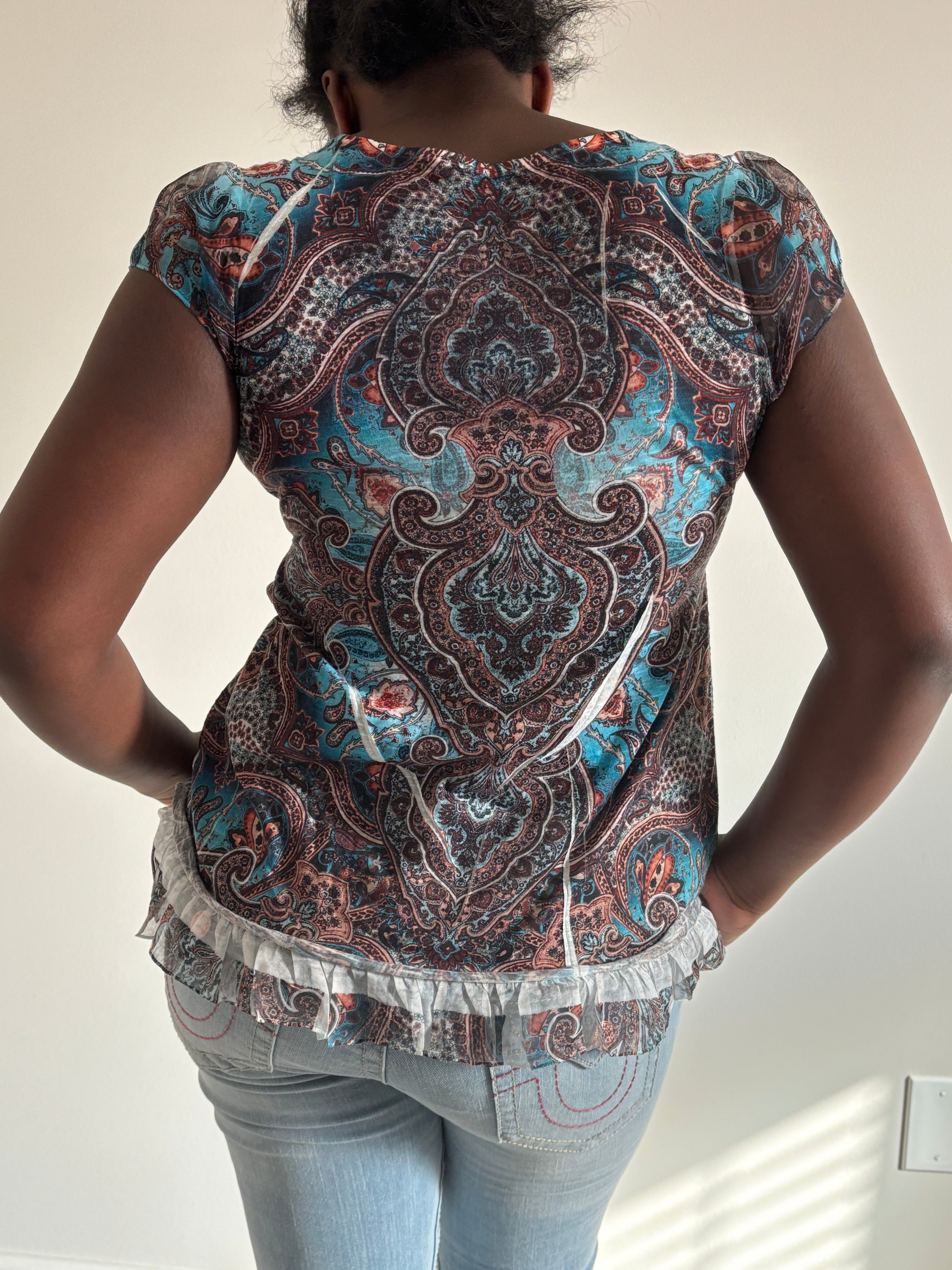 ⭐  Teal & Brown Boho Print Top